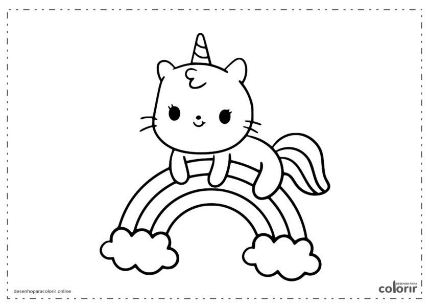 Gato Unicórnio Kawaii sob o Arco-íris