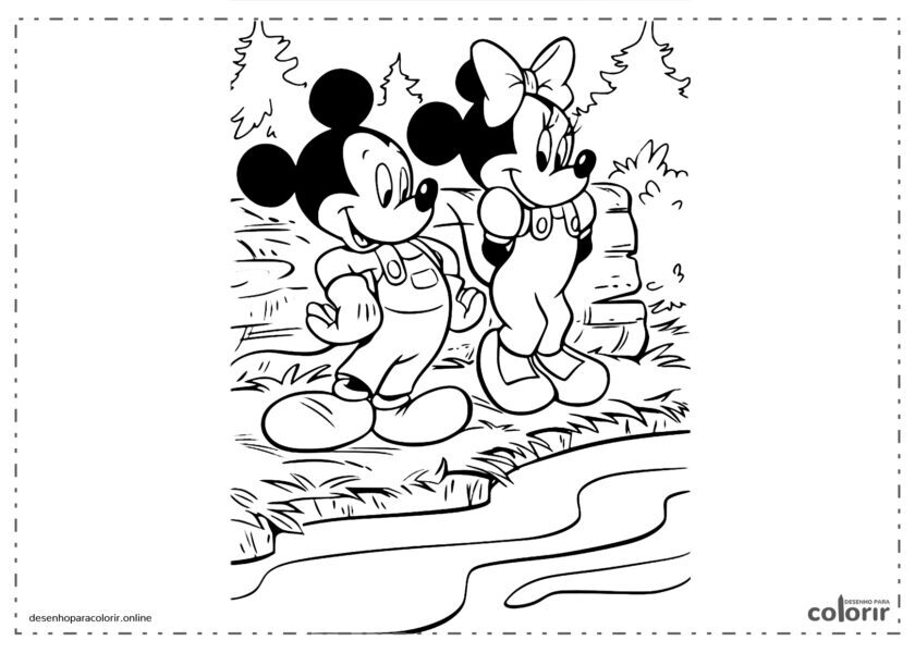 Mickey Mouse de Disney e Minnie na floresta junto ao rio