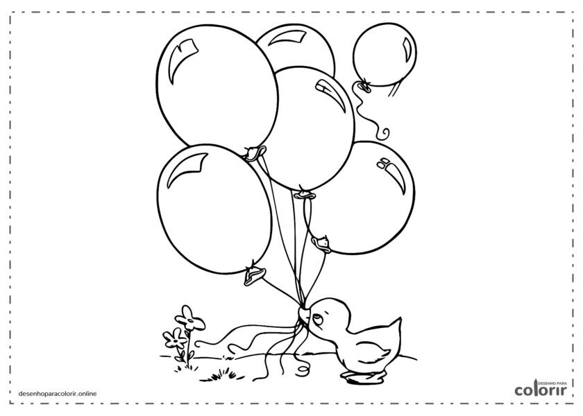 Pato segurando balões com seu bico